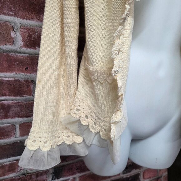 Curio Cardigan S | Vintage 80s Cream Knit Chiffon Ruffle Coquette Cottagecore - Picture 4 of 6